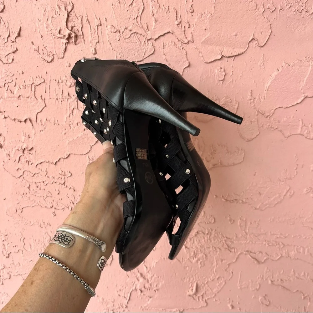 Michael Kors Leather Caged Studs Open Toe Booties Black Womens 7.5